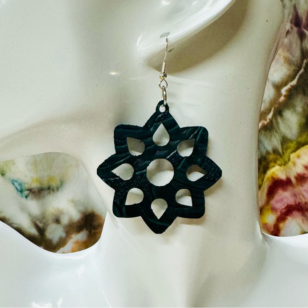 Leather earrings embossed sage -large sunflower